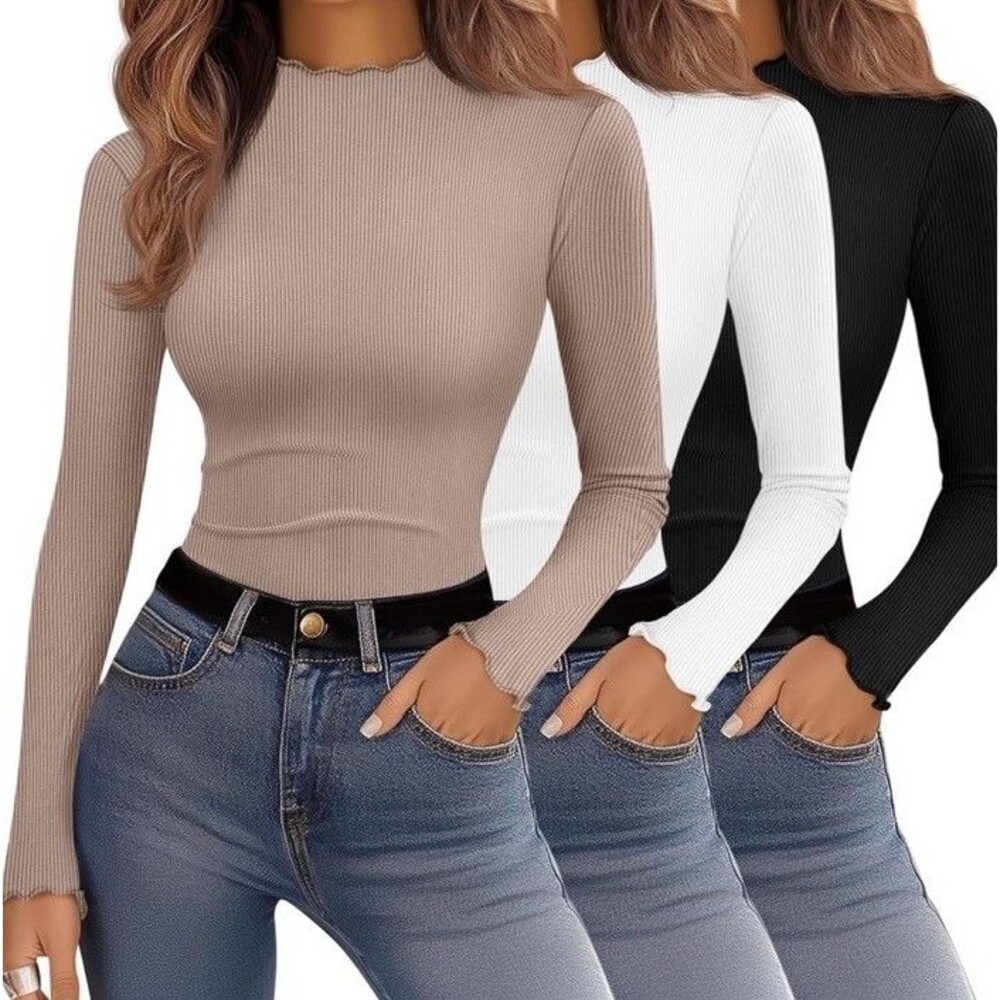 Ficerd 3 Pack Ribbed Mock Turtleneck Tops for Women Long Sleeve Lettuce Trim Sm